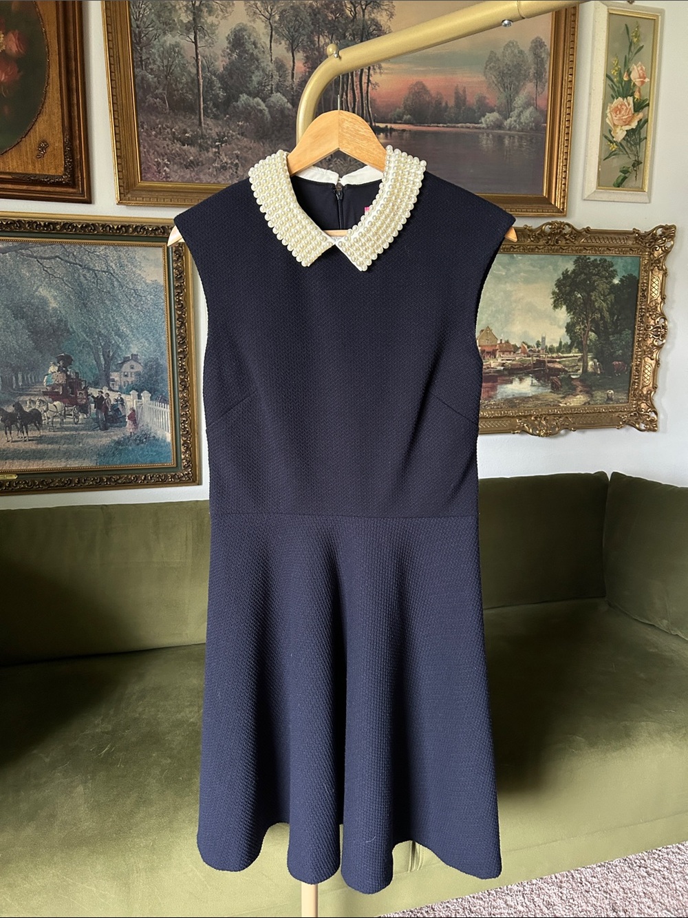 Betsey Johnson Navy Fit-and-Flare Dress with Pearl Collar